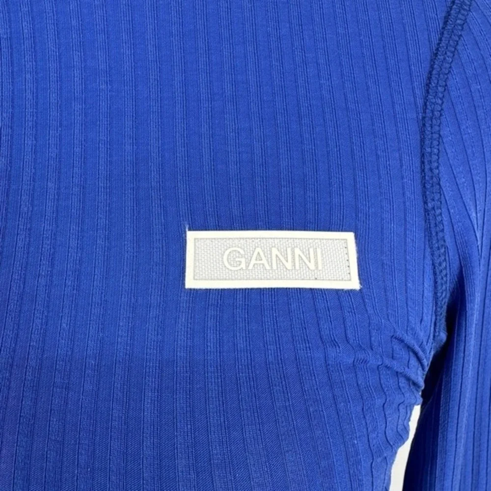 GANNI Ribbed Knit Two Piece Set Size Small Blue‎ Turtleneck Top Stirrup Leggings